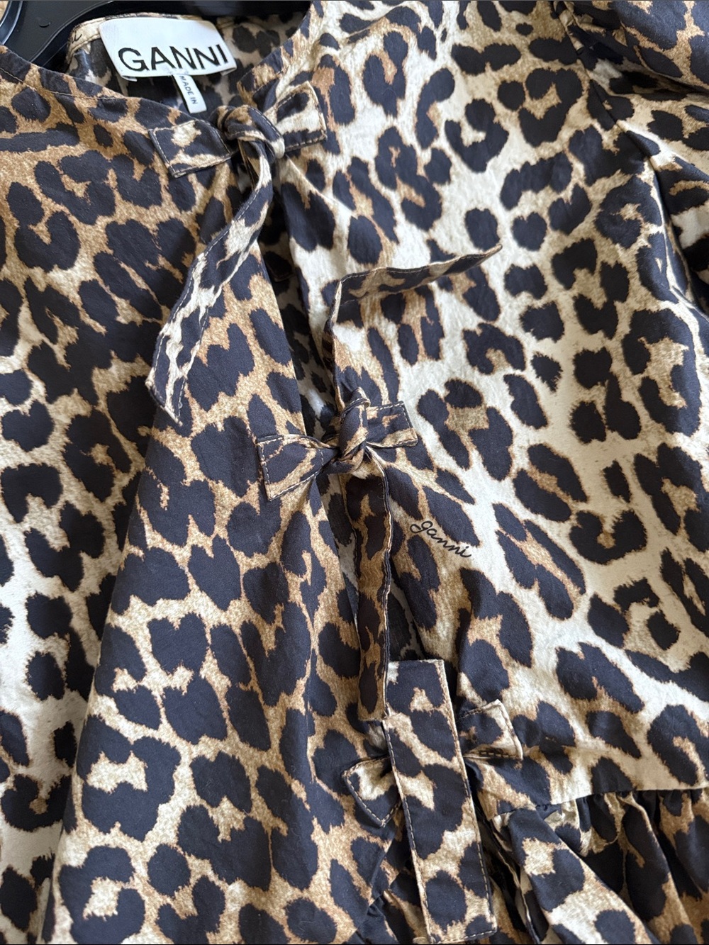 Ganni Leopard Print Puff Sleeve Cotton Peplum Top - Brown/Black Sz 36 (US 4) - Picture 4 of 10